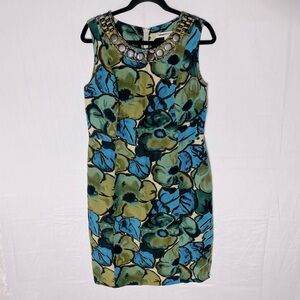 Clements Rebeiro Green Blue Floral Beaded Decolletage Sleeveless Dress 10